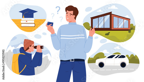 Future investment choice, financial freedom to dream. Pensive rich man dreamer holding credit card to choose and buy new car or house, mountain travel or education cartoon vector illustration