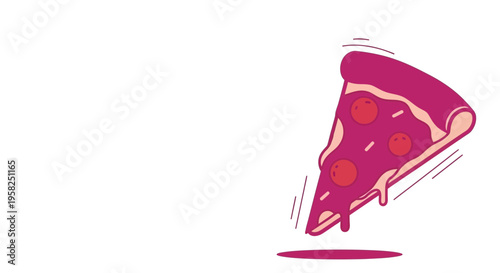 Stylized slice of pepperoni pizza with dripping cheese on white background