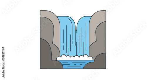 Stylized Waterfall Illustration with Rocky Outcrops and Pool