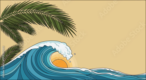 Tropical Ocean Wave and Palm Tree Silhouette at Sunset