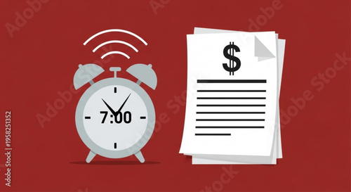 A vector graphic illustration of an alarm clock and a paycheck representing time and money management
