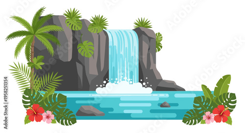 Tropical Waterfall Oasis with Palm Trees and Hibiscus Flowers
