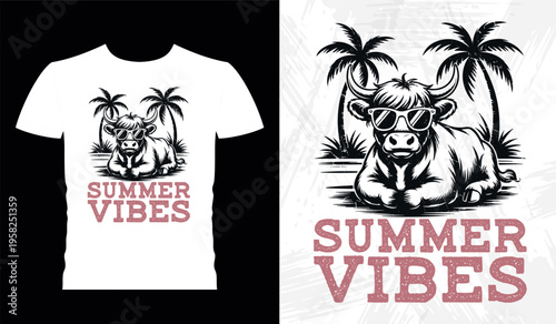 Funny Summer Cow Sunglasses Funny Beach Vibes T-shirt Design