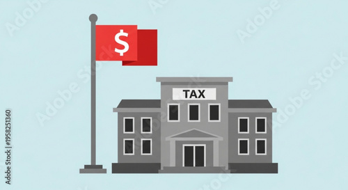A vector graphic illustration of a tax office building with a dollar flag