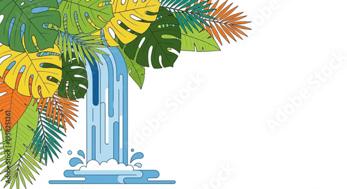 Tropical Waterfall with Lush Green and Yellow Leaves, Exotic Nature