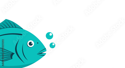 Turquoise Fish Swimming with Bubbles - Minimalist Vector Illustration