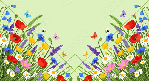 Vibrant Spring Meadow with Butterflies and Bees, Floral Border