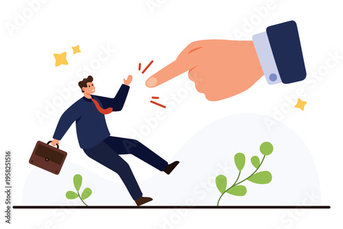 Stressed businessman being pointed at by giant hand symbolizing workplace pressure, business failure, and abuse, perfect for concepts of stress, job loss, and crisis isolated on white background