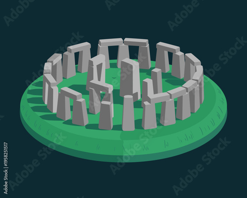 Stonehenge monument 3d illustration featuring ancient megalithic ruins in a circular stone structure on green grass field isolated on dark background representing historical heritage cultural travel a