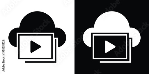 Vector illustration of a cloud icon combined with a video play button. Represents cloud-based media streaming, digital entertainment, online video storage, and modern content delivery services.