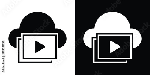 Vector illustration of a cloud icon combined with a video play button. Represents cloud-based media streaming, digital entertainment, online video storage, and modern content delivery services.