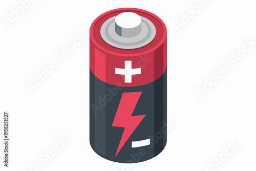 Isometric battery icon with a lightning bolt symbol representing electric energy power levels or charging status for renewable clean technology sustainable digital electronics and modern industrial de