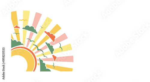 Vibrant sunrise with sunbeams, clouds, and birds in a stylized, retro design