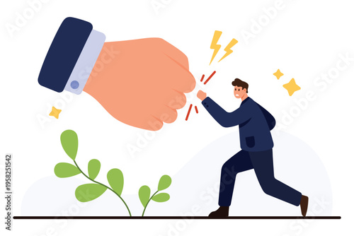 Businessman confronts oversized fist symbolizing power, authority, or challenge, representing conflict, courage, and overcoming obstacles in business isolated on white background vector illustration