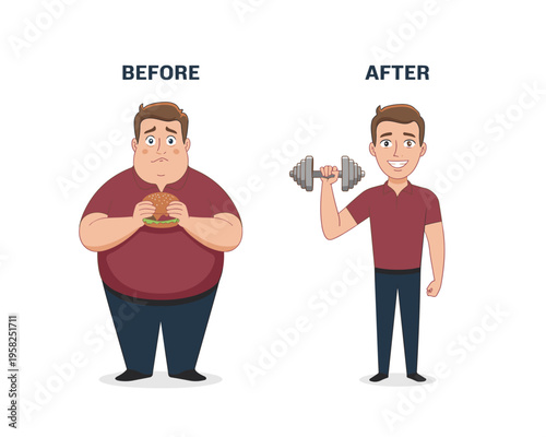Before and after weight loss transformation concept showing a chubby man eating a burger and a fit athletic man lifting a heavy dumbbell for health improvement in a flat vector design for lifestyle ch