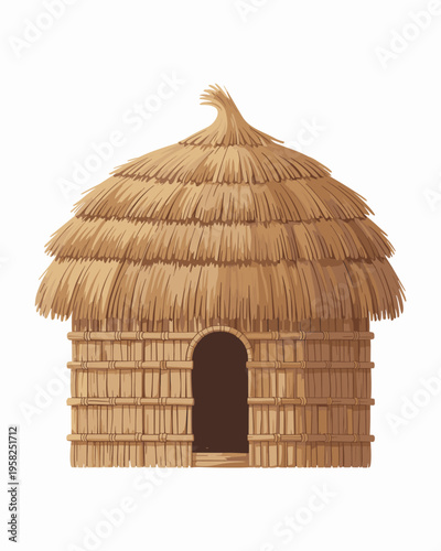 A traditional thatched roof hut constructed from bamboo sticks and dried straw, representing primitive tribal village architecture and ancient rural heritage in a minimalist vector illustration style 