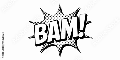 Comic book style BAM burst speech bubble graphic featuring retro halftone dot textures bold white lettering black outline isolated on white background perfect for action scenes pop art design motion e