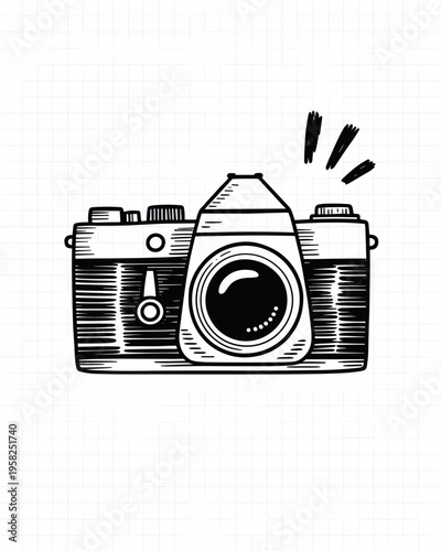 Vintage SLR Film Camera Hand Drawn Illustration on Grid Paper Background Featuring Retro Analog Photography Gear Symbolizing Classic Creative Arts Media Production Process Design for Hobbyist Social P