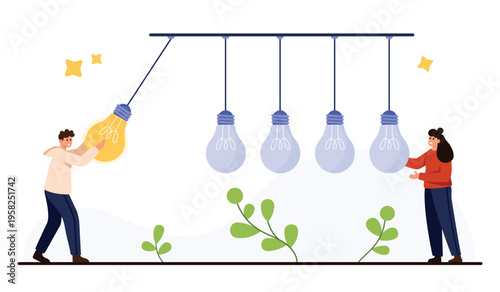 Two people collaborate to spark innovation with bright light bulbs symbolizing fresh ideas teamwork and creative beginnings, business or education on white background vector illustration