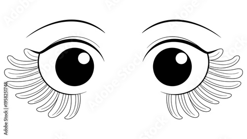 Stylized cartoon female eyes with long eyelashes and elegant eyebrows isolated on a white background, perfect for beauty cosmetics design, fashion illustration, doll face art, kids craft or makeup pro