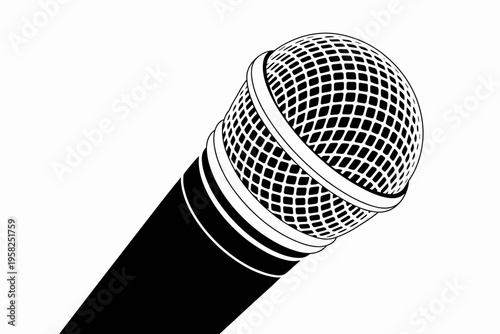 A high contrast black and white vector illustration of a professional microphone head, capturing the detailed wire mesh texture in a minimalist graphic style, perfect for media, audio, music, and podc