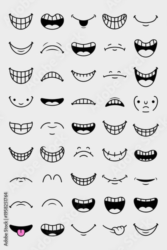 Flat vector set of cartoon mouths and funny expressive smiles with teeth and tongues for comic character design isolated on grey background for graphic animation assets, emotional facial expressions c