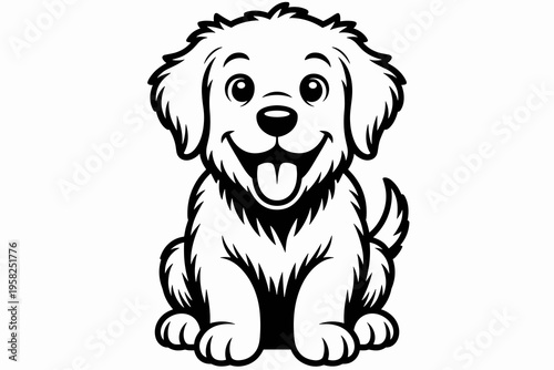 A happy puppy drawing featuring a cute golden retriever dog sitting and smiling with a cheerful tongue sticking out isolated on a clean white background for children books, playful sticker art and cra