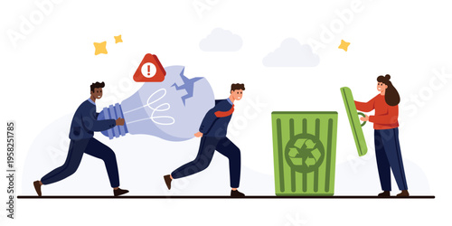 Business people carrying shattered light bulb with warning symbol toward recycling bin, symbolizing declined ideas, creative failure, and innovation process isolated on white background vector