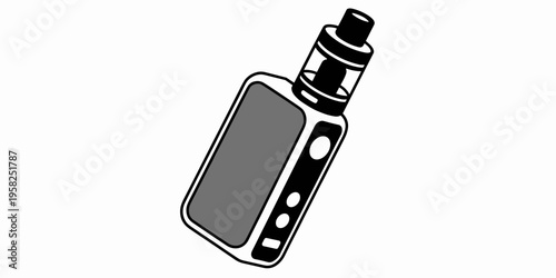 Minimalist vector illustration of a modern electronic cigarette vape mod with atomizer tank, sleek portable nicotine delivery device for vaping lifestyle, smoking cessation tool, isolated vaping hardw