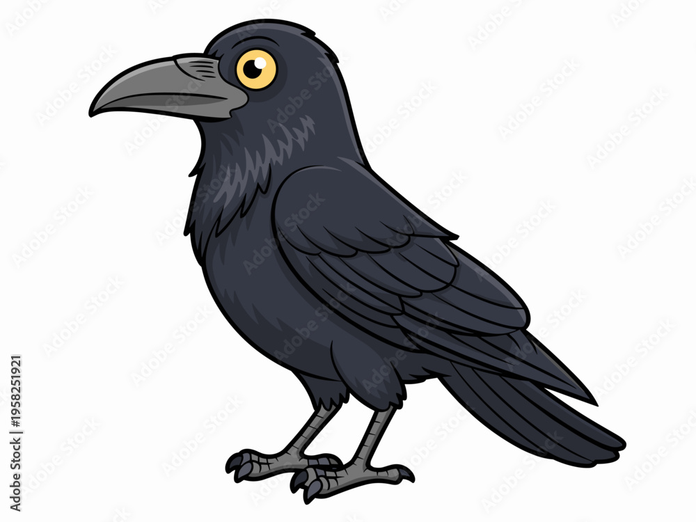 Fototapeta premium A detailed dark raven illustration standing in profile view featuring sleek black plumage isolated on white for wildlife graphic design projects nature studies spooky seasonal themes or fairytale stor