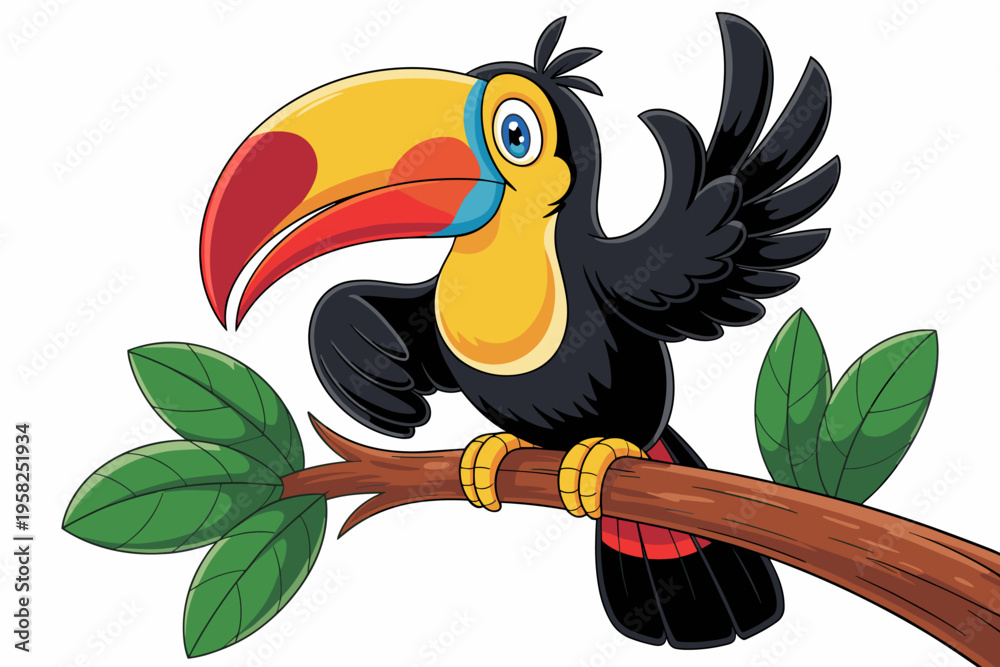 Obraz premium Happy tropical toucan bird illustration showing a fun cartoon character perched on a rustic tree branch with green leaves, colorful feathers, and vibrant beak, perfect mascot design for kids education