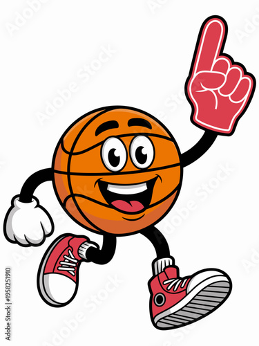 Cartoon basketball character mascot holding a foam finger number one running happily for team spirit games, athletic youth league competition, school sports events, active fitness fun and energetic pl