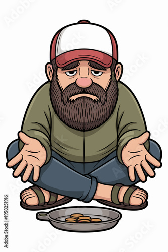 A despondent homeless man with a full beard wearing a worn baseball cap sits on the ground with outstretched palms begging for financial help with coins in a small metal pan representing poverty and c