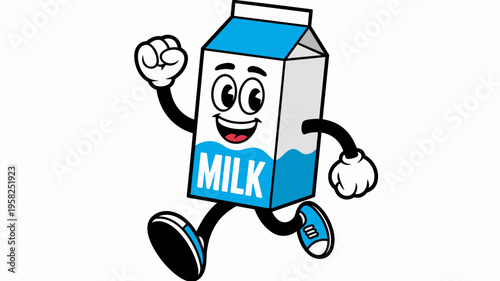 Cartoon milk carton mascot character running with a cheerful expression and fist raised high on a clean white background, representing healthy dairy nutrition, active lifestyle, fitness and wellness c