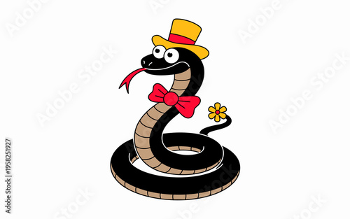 A dapper cartoon snake wearing a bright yellow top hat and festive red bowtie with a small decorative flower on its tail, illustrated in a fun whimsical flat vector style for children and playful desi