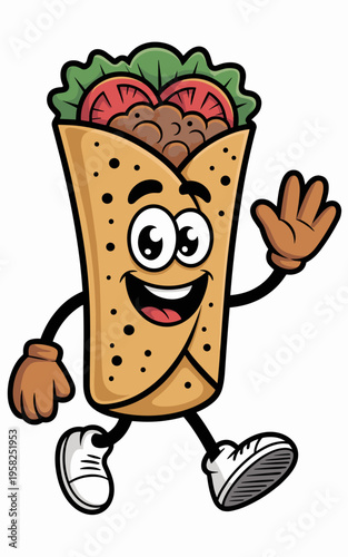 Happy cartoon burrito character mascot waving hello with a friendly smiling face, nutritious meat and vegetable taco wrap illustration for fast food restaurant branding, healthy meal emblem design ele