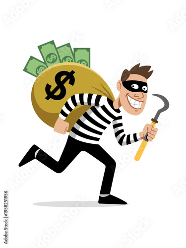 Cartoon burglar character running away with a large heavy sack filled with cash money dollars while holding a metal crowbar tool, a funny criminal thief illustration representing robbery theft and cri