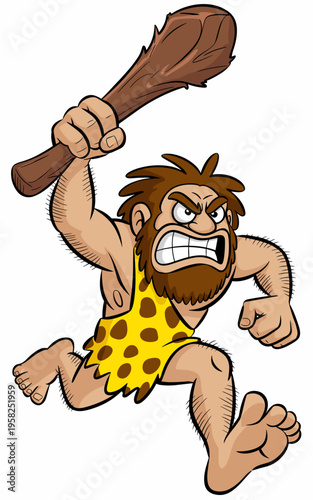Angry cartoon caveman character running forward with a wooden club, stone age prehistoric wild man aggression, aggressive primitive hunter symbol for history education, fun creative vector clip art de