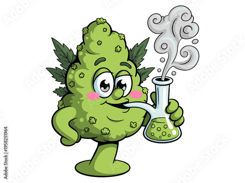 Cartoon cannabis bud character holding a water pipe bong with rising smoke for artistic stoner mascot design, a vibrant vector illustration promoting recreational marijuana culture lifestyle and indus