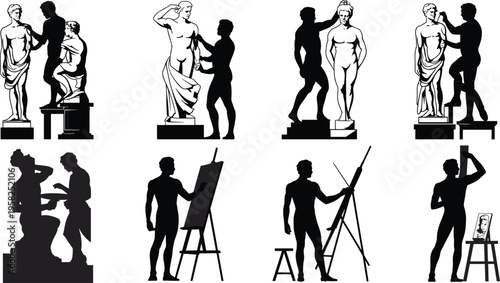 Artists sculptors silhouettes drawing painting classical statue creation icons flat vector