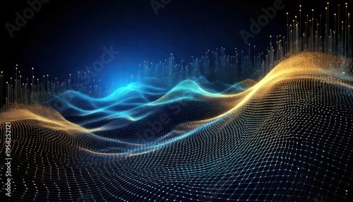 Abstract Digital Landscape of Glowing Blue and Orange Waves.