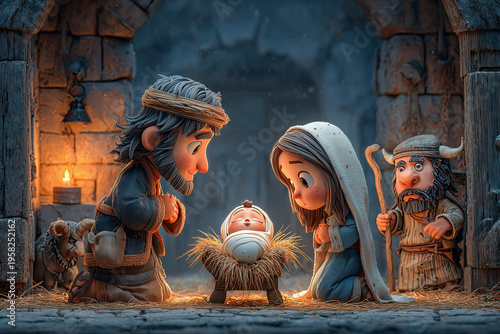 3d Render of the Nativity scene set in a rustic dimly lit stable