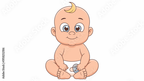 Cute cartoon baby sitting wearing white diaper with pacifier in hand, happy infant character for nursery child decor, cheerful smiling toddler illustration for parenting blog, baby shower design asset