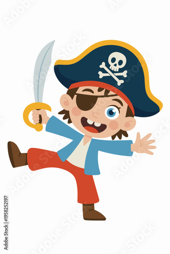 Happy child pirate character standing with a silver sword in a fun pose, isolated on white background, celebrating nautical adventure fantasy, perfect for kids party invitation, creative school projec