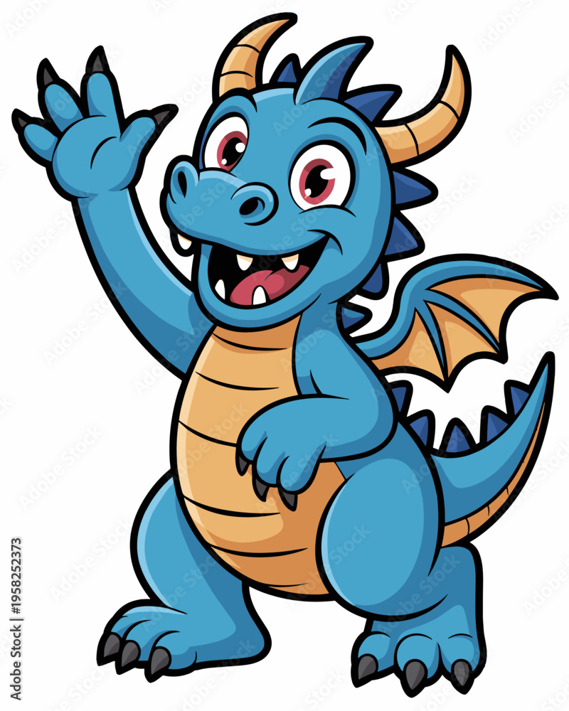 Obraz premium A happy cute blue dragon cartoon character waving hello with a friendly smile, standing isolated on a white background, perfect for playful children’s book illustrations, mascot designs, or nursery de