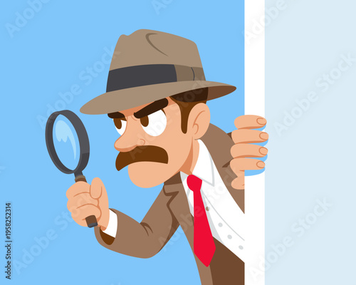 Cartoon detective wearing fedora hat holding a magnifying glass peeking from behind a white wall looking suspicious for investigation mystery solving private eye concept vector illustration graphic de