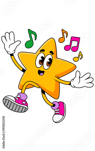 A cute yellow star character dancing happily with musical notes floating around, upbeat cartoon mascot illustration with vibrant colors and joyful expression, represents fun entertainment for children