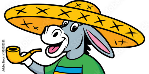 A happy cartoon donkey character wearing a wide brimmed straw sombrero hat holding a classic tobacco pipe while smiling brightly isolated on a white background for fun vector mascot branding mascot de
