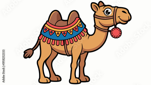 A friendly cartoon camel illustration featuring a decorative saddle blanket and colorful bridal ornament, portrayed in a vibrant vector art style perfect for children educational materials or desert t