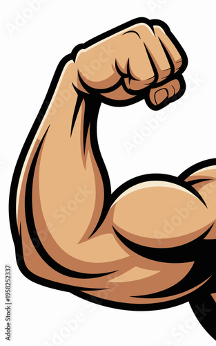 Muscular arm flexing biceps character illustration representing strength health power energy vitality fitness training bodybuilding athletics determination success motivation resilience concept graphi